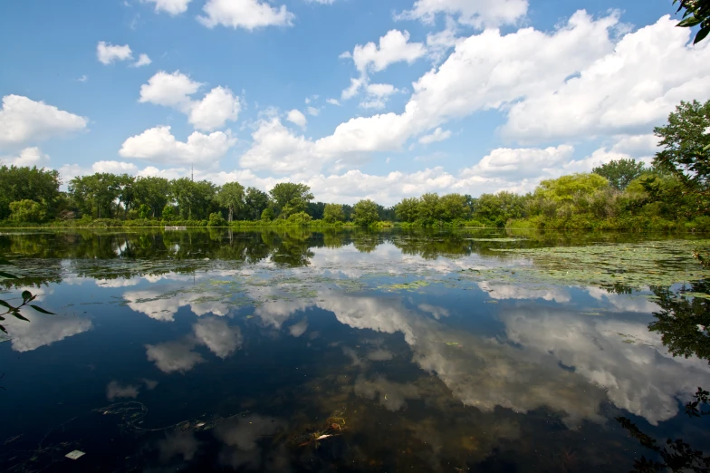 a large lake with water and trees surrounding it