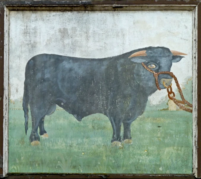 an artistic painting of a bull with an old rope