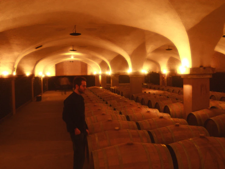 a person is standing near several barrels of wine