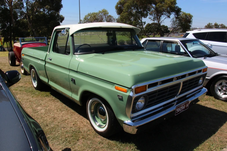 there is a green pickup truck parked on the grass