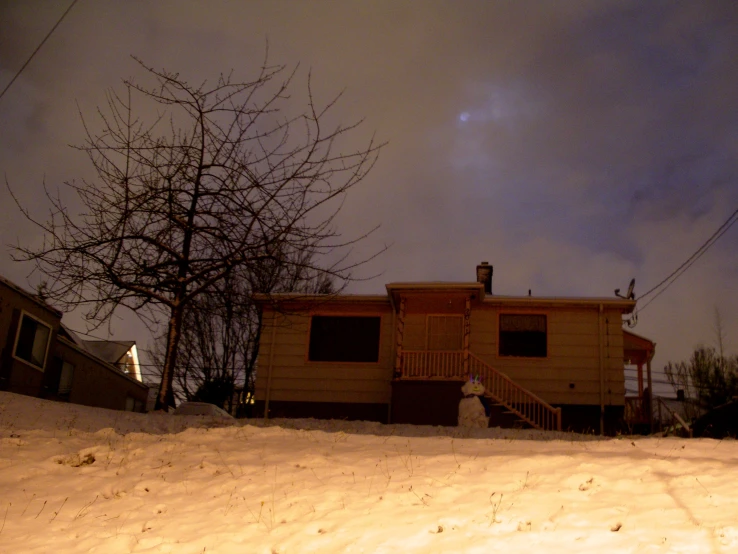 a large building on a snowy hill next to a tree