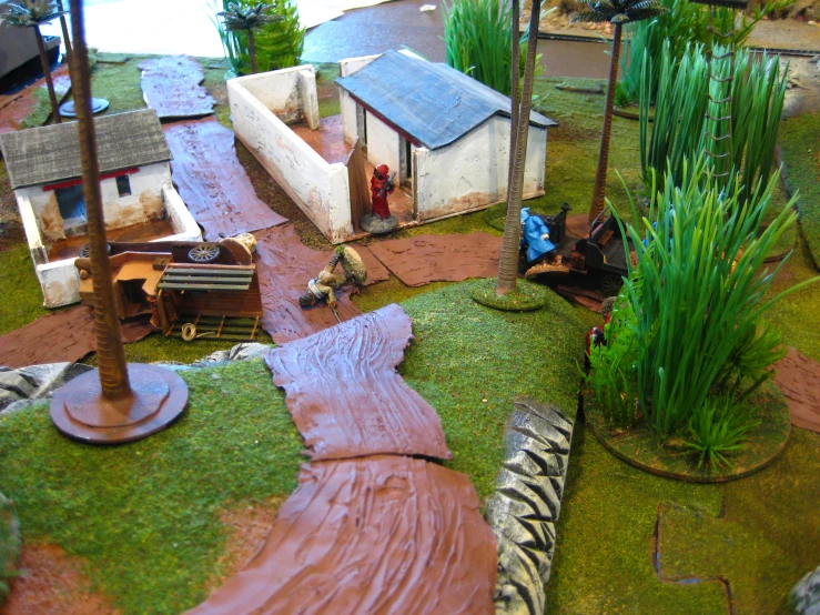 a scale model with a small building and various trees