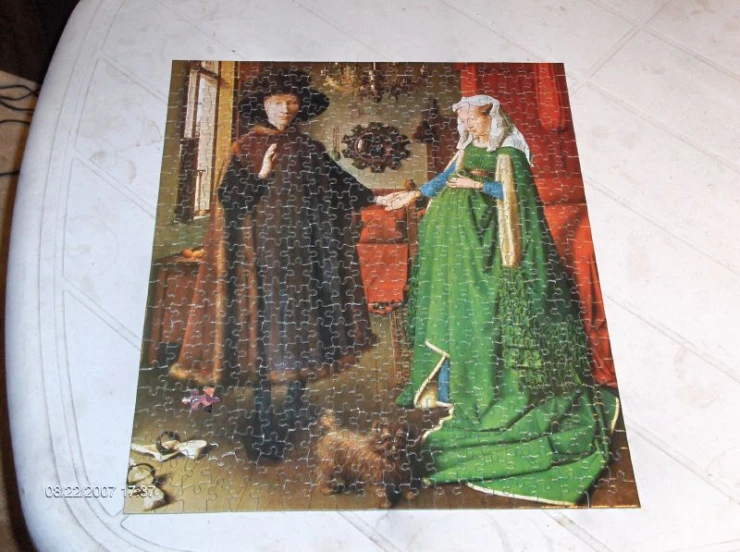 a puzzle depicting two people exchanging on the left and on the right