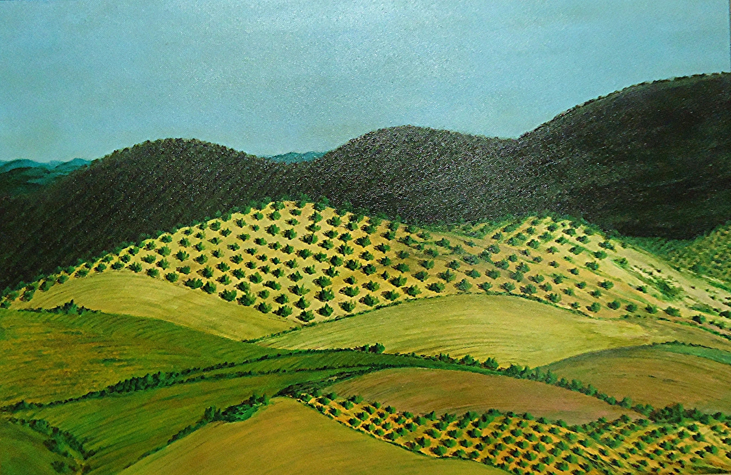 a painting of trees, mountains, and plants