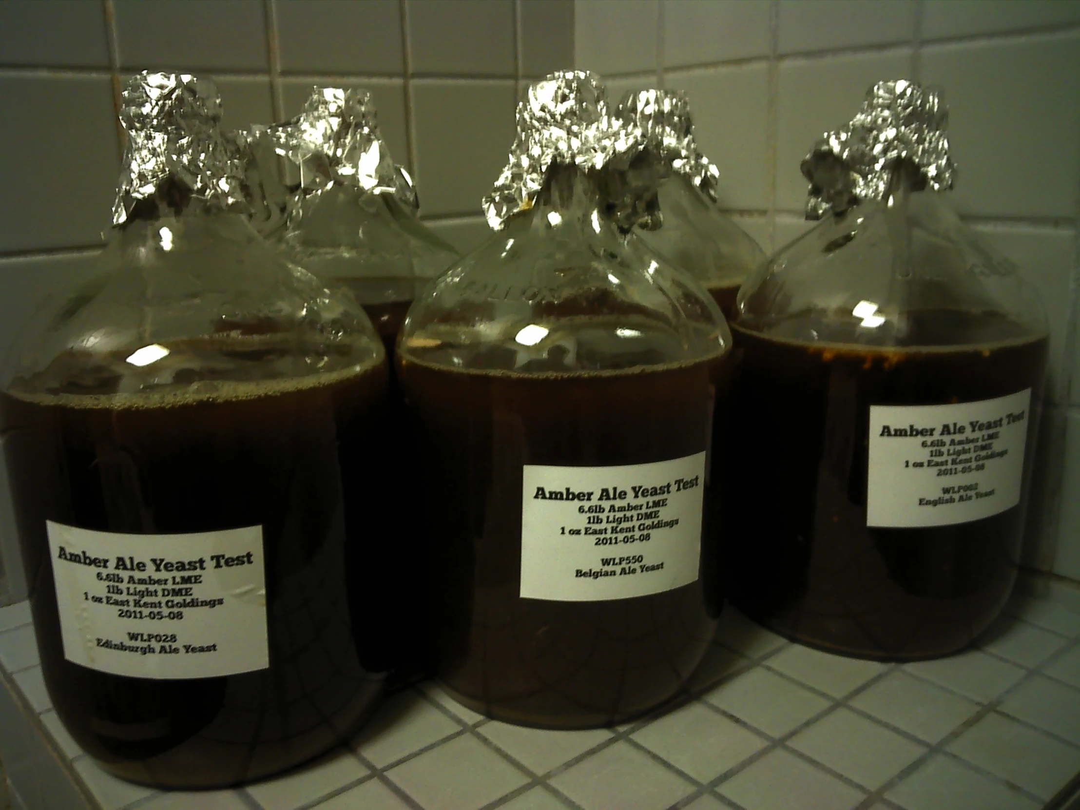 brown liquid in the glass containers sit on the counter