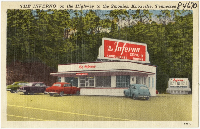 an advertit for a business with an old red and white car in front