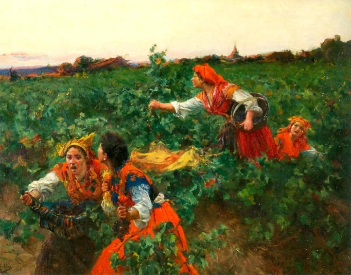 an oil painting of people in a field