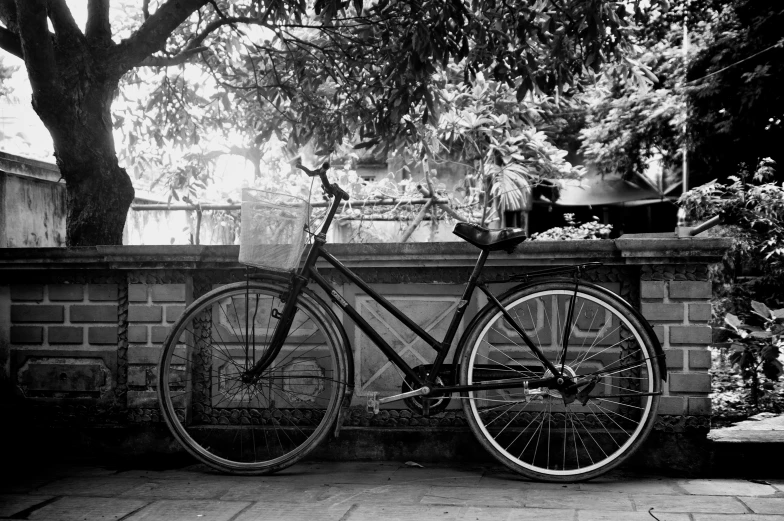 there is a bicycle that is parked next to the fence