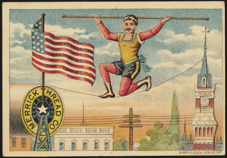 a person on tight ropes on the background of a flag and a building