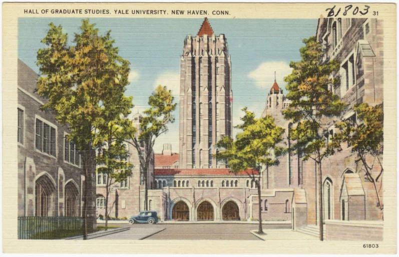 this postcard has an old image of a tall building in front of some trees