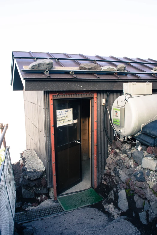 an outside s of a building with a little roof