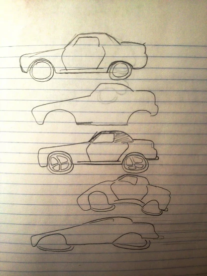 four drawings of cars on lined paper