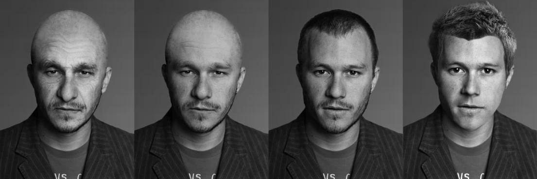 the faces of different bald men in front of a dark background