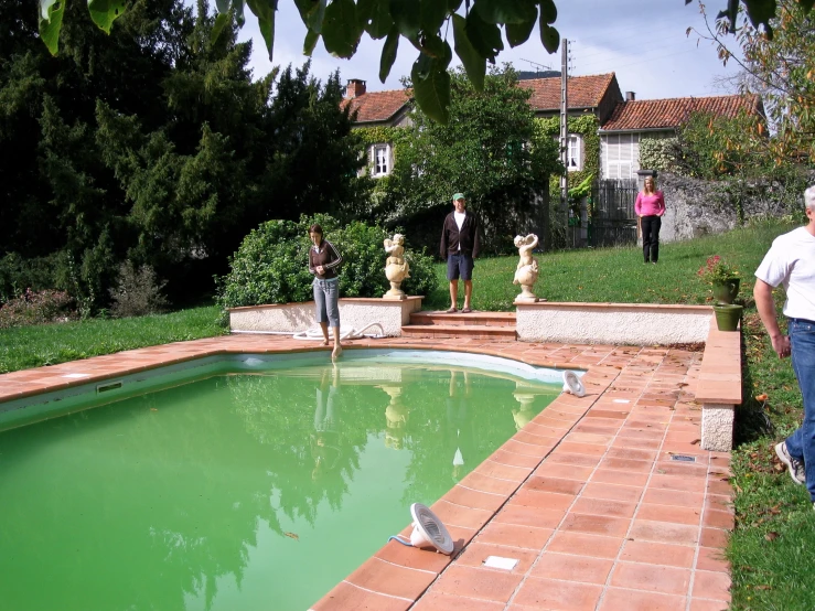 people are standing in the grass near a swimming pool