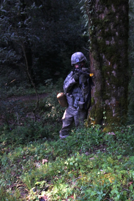 man in camouflage carrying soing next to a tree