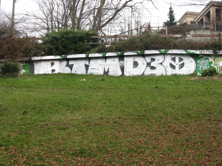 a large graffiti covered wall in the middle of some grass