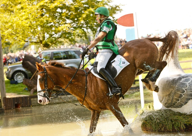 a rider and horse being washed in flood waters at a competition