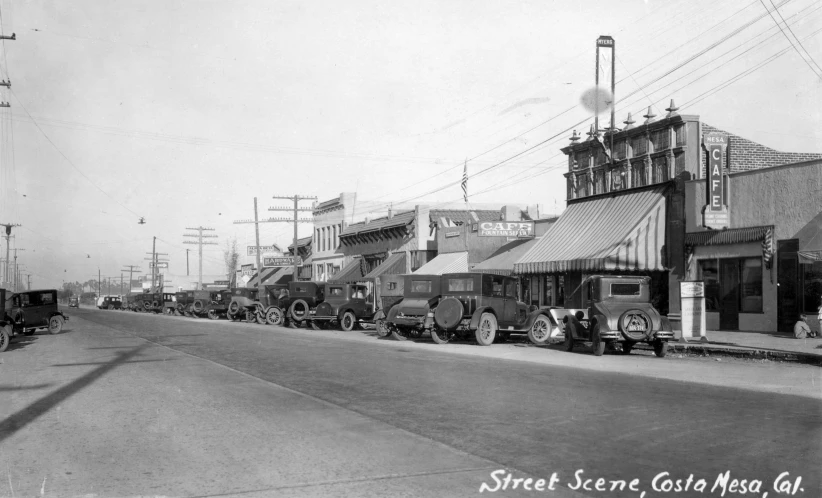 an old po of cars parked outside of buildings