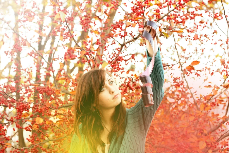 a woman reaching up to a red berry tree