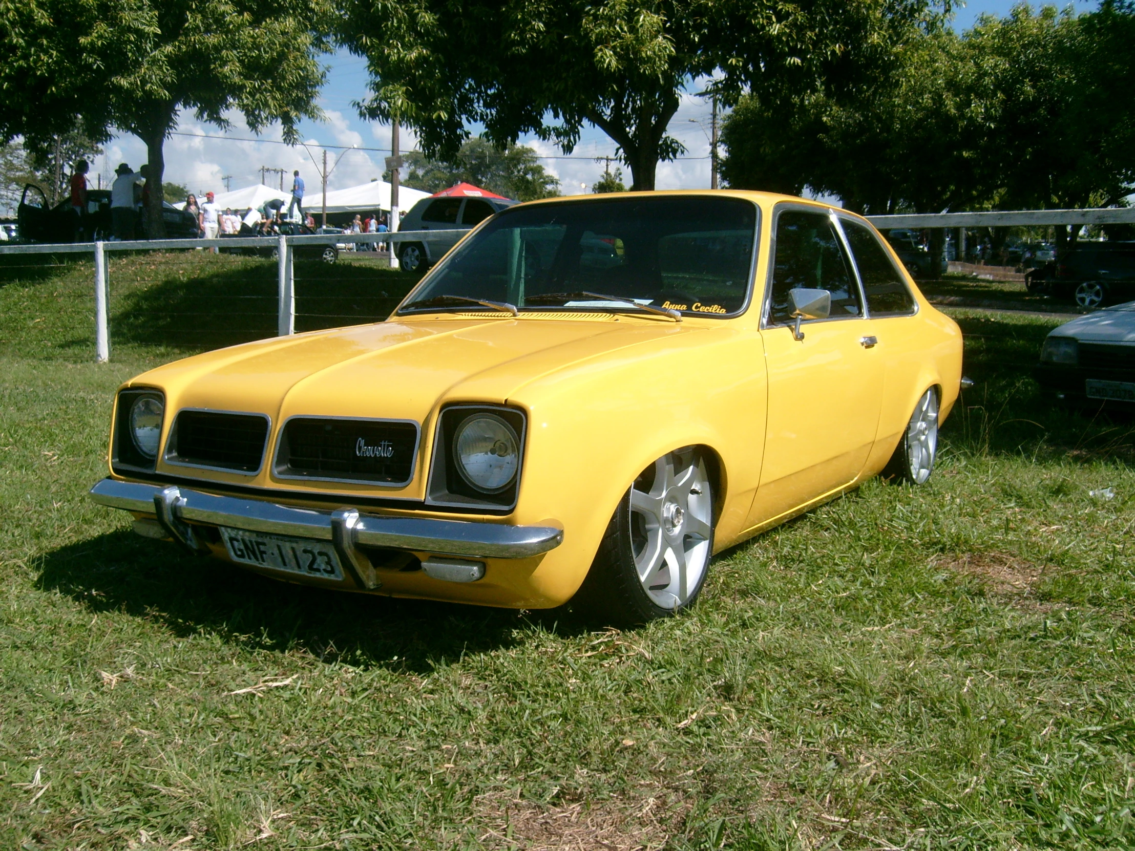 the bright yellow car is parked on the grass