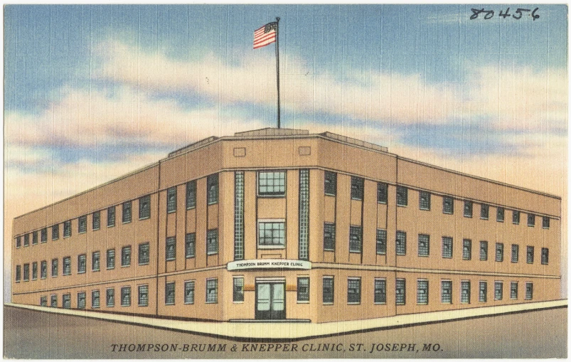 a drawing of a building with a flag on top