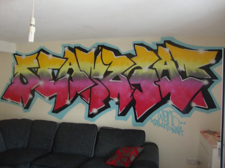 graffiti spray painted on the walls in the living room