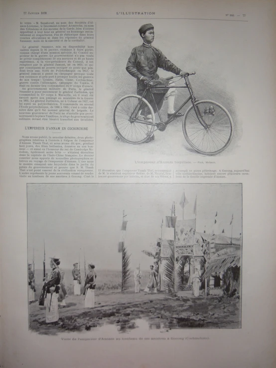 two pictures of an old fashioned bicycle and a drawing of men on horseback