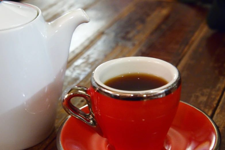 a cup on a saucer next to a plate on the table