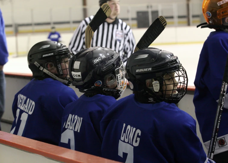 two teams of players talking on a bench at a hockey game