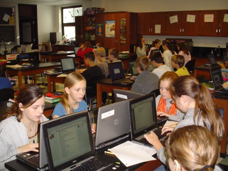 many children sitting at desk using laptops in classroom