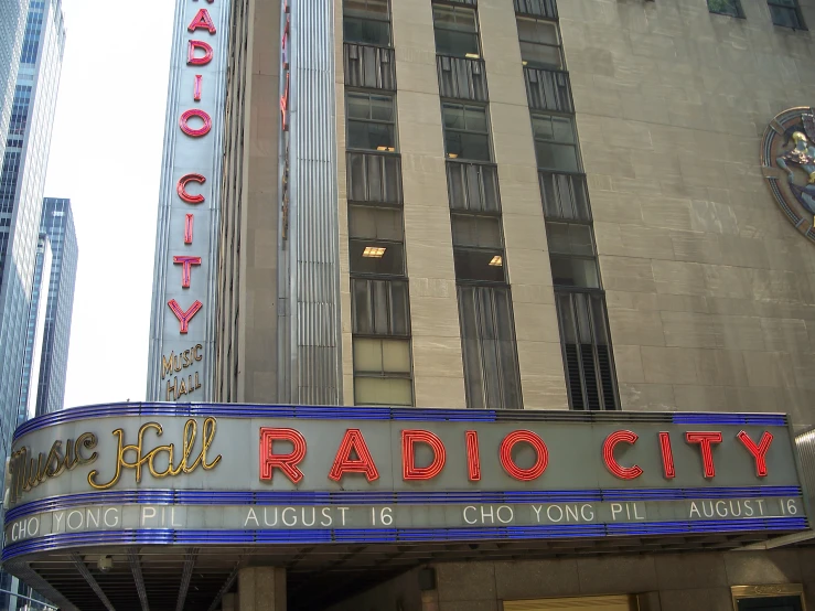 the marquee for the radio city musical theatre