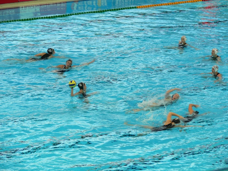 several swimmers in an outdoor pool with boards