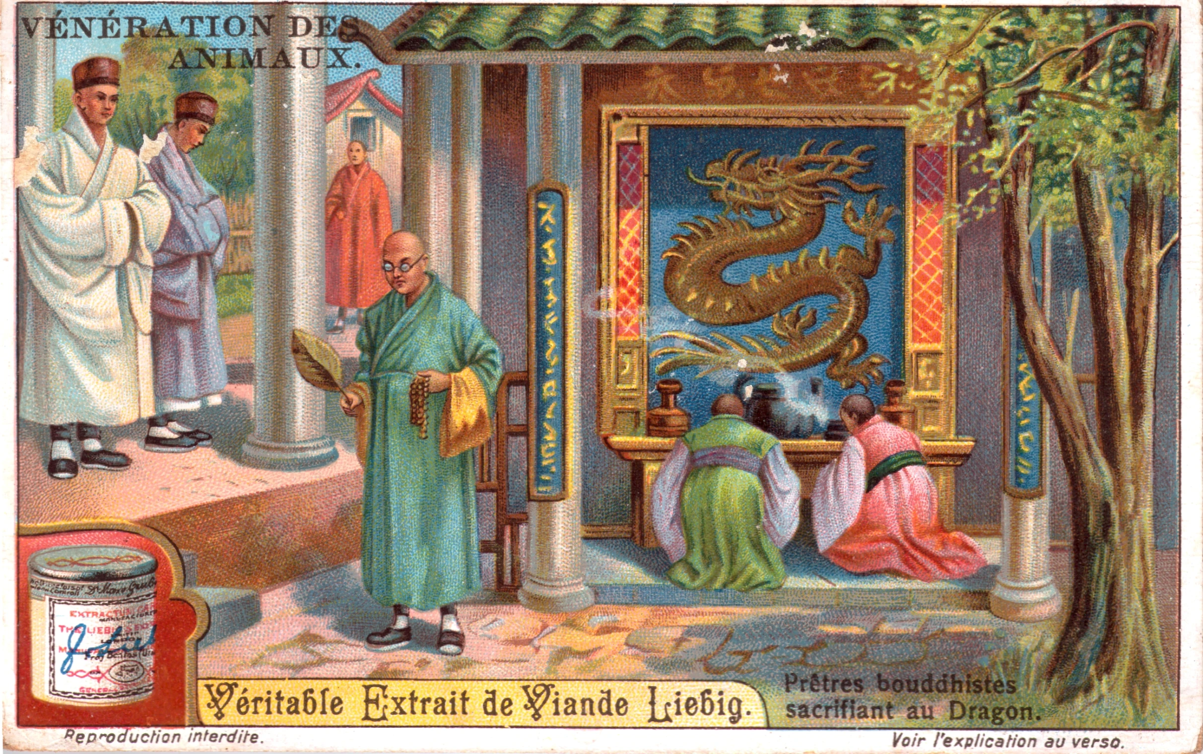 a cartoon image of the monks by an dragon