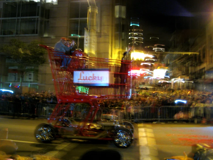 this is a shopping cart carrying food and other items
