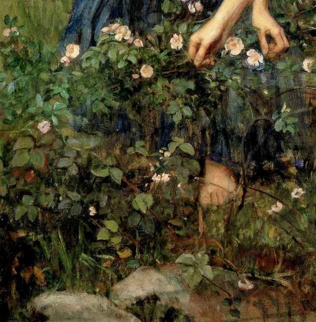a painting with roses on a woman kneeling in the grass