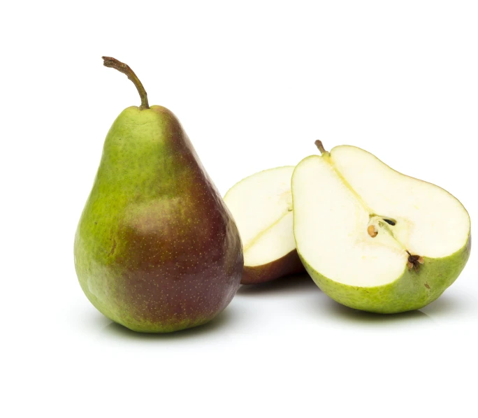 an apple and pears half cut in half