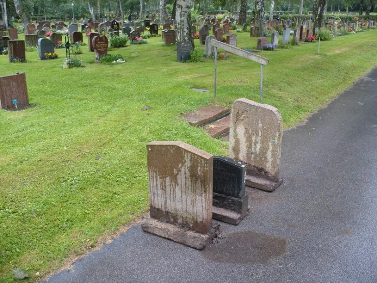 a cemetery that is mostly grass, in the middle of the road