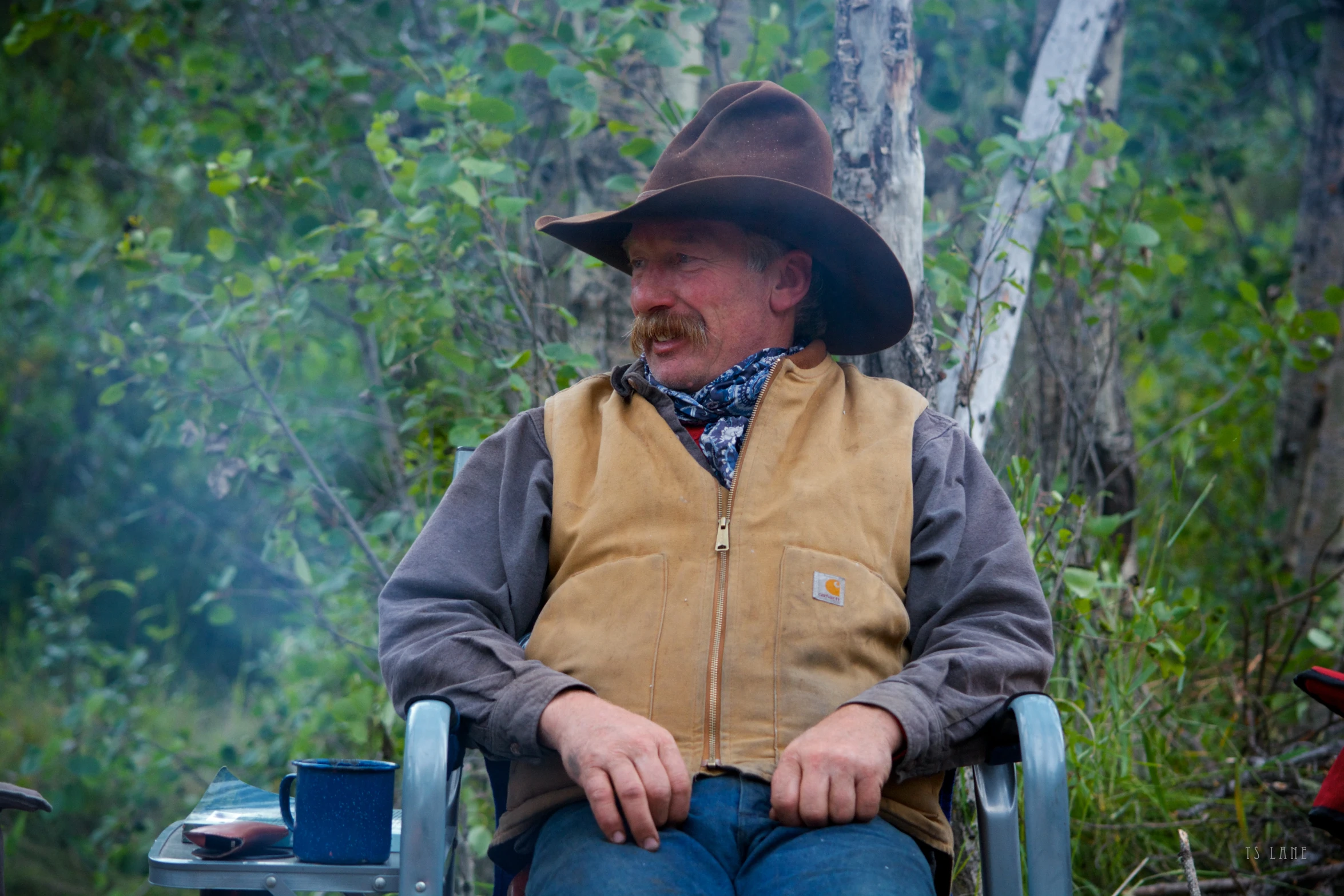 a man in a hat sits in a chair in front of a forest