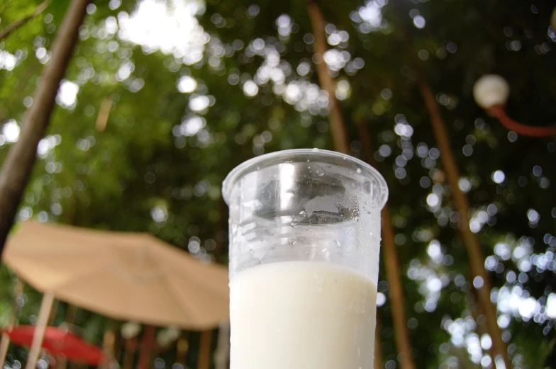 a tall glass with a liquid inside and some trees in the background