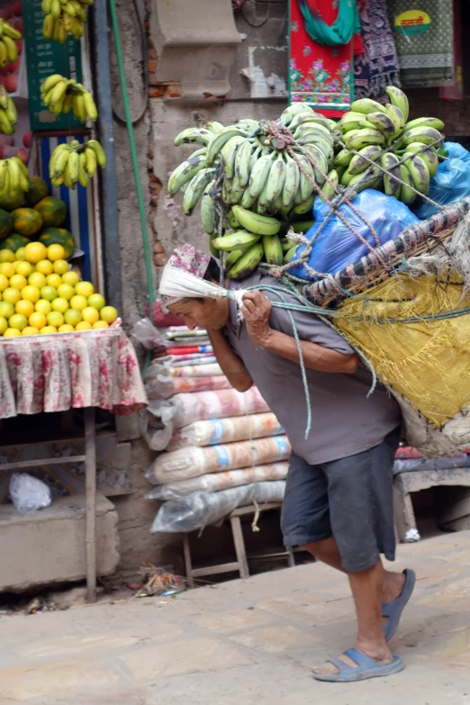 a person carrying a large load of bananas on his back