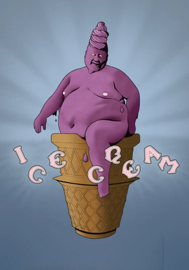 an illustration of a fat woman sitting in a large ice cream cone