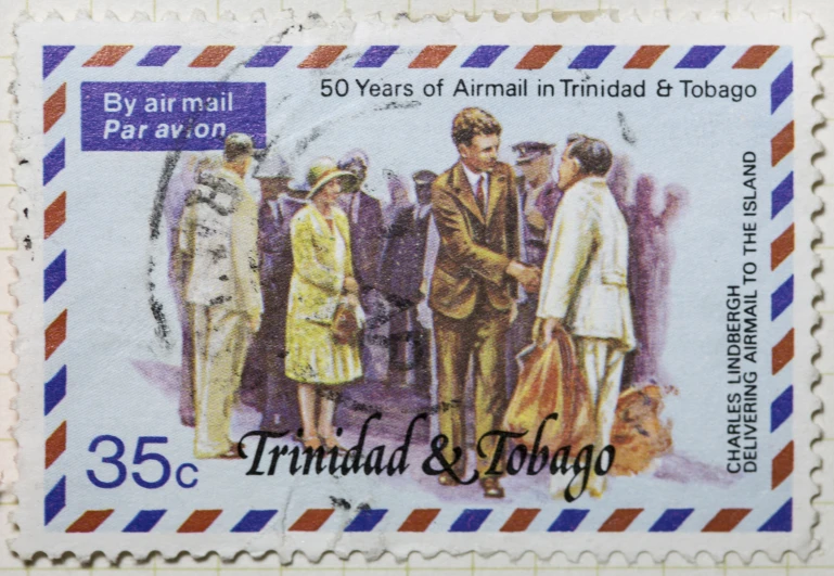 a stamp showing three men in hats and ties
