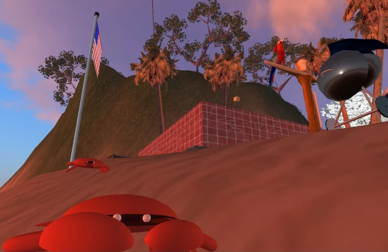 a computer generated animated scene of a big red crab in front of a house and trees