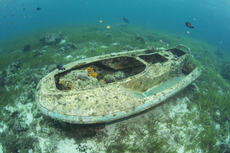 the underwater scene shows an old boat in clear water