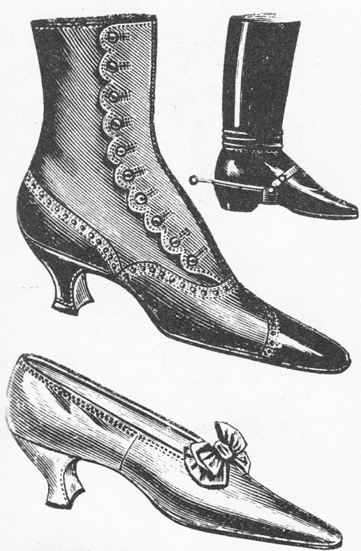 an old fashion illustration showing two pairs of shoes