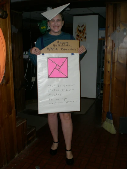 a lady is standing with a box and paper on it