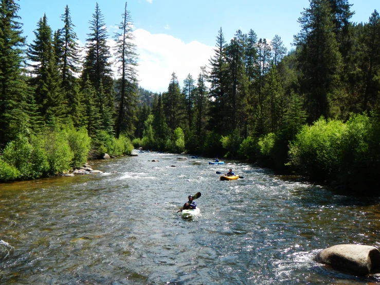 two people kayaking on the river together