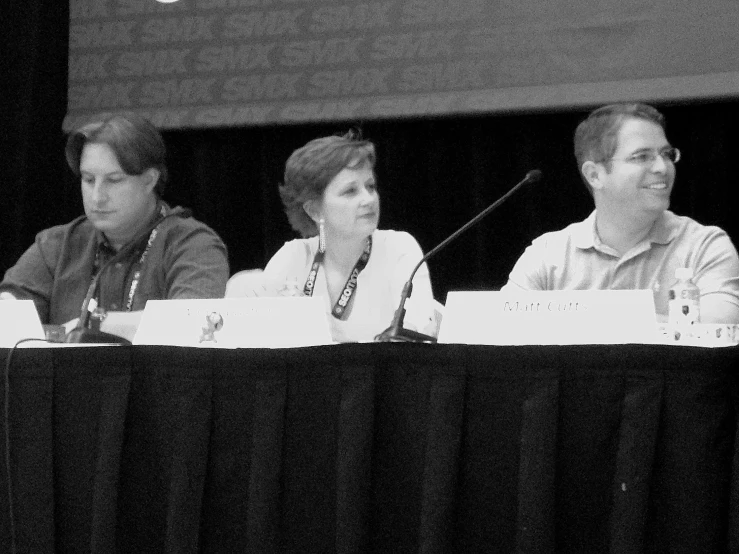 three people sitting in front of microphones at a conference