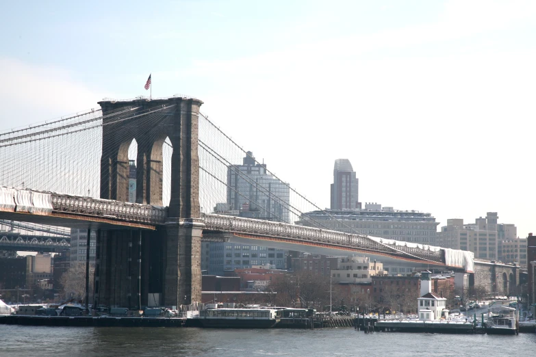 the bridge on a river with buildings in the background