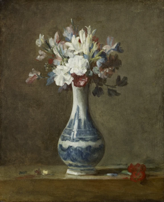 a painting shows an antique vase full of flowers